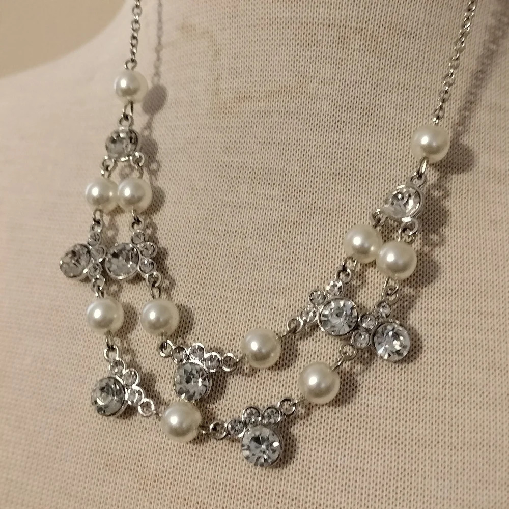 Paparazzi Silver Tone Multiple Strand Jewelry set Necklace  Earrings Rhinestones